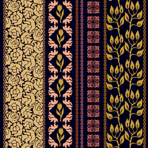 维多利亚时代的无缝边框的集合。复古玫瑰图案，盛开的郁金香 几何装饰品 树的树叶和树枝