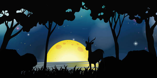 满月夜鹿剪影场面