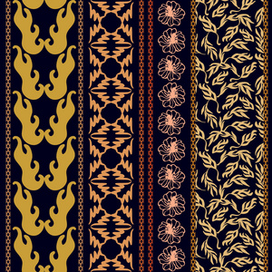 维多利亚时代的无缝边框的集合。复古的锦缎模式，几何饰品 树叶和树枝