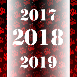 圣诞快乐。新年快乐2018和红色背景下的狗足迹