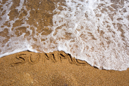 海滩背景与夏天写在沙子中。波和沙子的边界