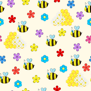 无缝背景与卡通蜜蜂 花朵和蜂蜜