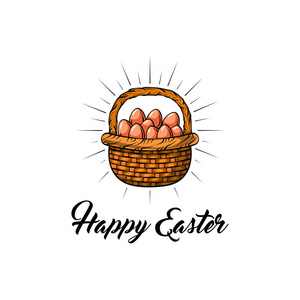 复活节卡模板与篮子和鸡蛋在 beamd。矢量插图