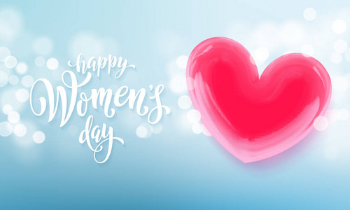 快乐妇女节横幅与气球心在浪漫的蓝色光散景背景。矢量3月8日问候母亲节的文字海报。国际妇女节传单背景模板