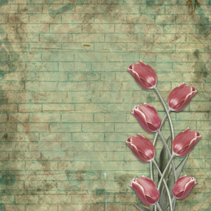 背景下的砖墙结构为祝贺美丽的红色郁金香花束