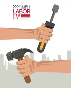 彩色海报的快乐劳动节与城市剪影在背景和手捧工具锤和螺丝刀