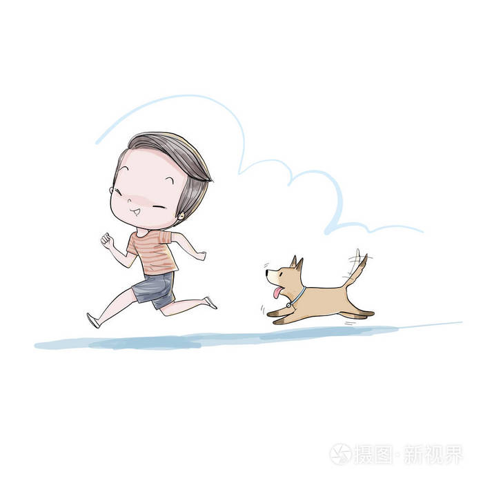 可爱的男孩出去遛狗.矢量插画手绘图