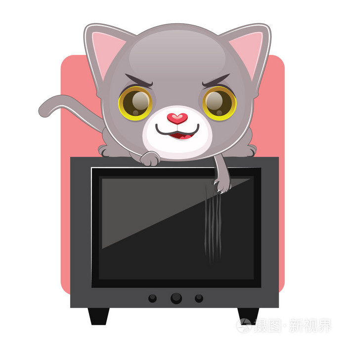 在电视屏幕上的可爱灰色猫咪