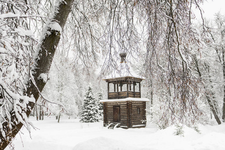 冰雪覆盖的冬季景观。木制礼拜堂俄罗斯, Polyg