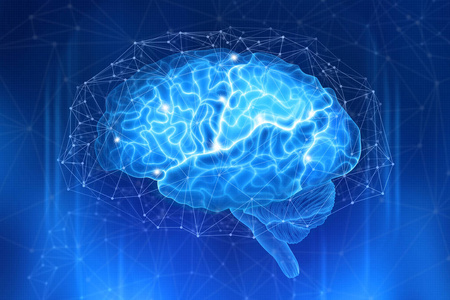 人脑被一个深蓝色背景的多边形网络所包围。概念数字插图