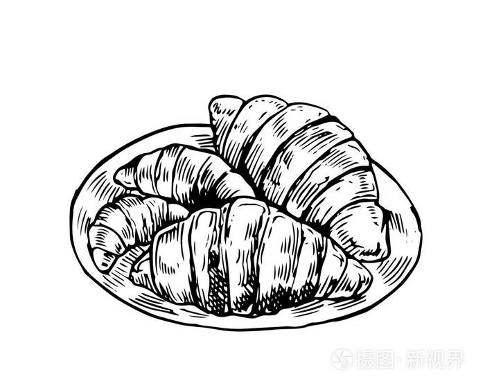 独立细节复古手工画的食物素描插图-羊角面包