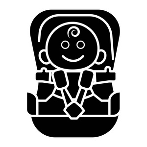 孤立的背景上的黑色标志矢量插图，婴儿汽车安全椅图标