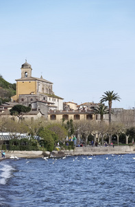 意大利拉齐奥，布拉恰诺湖，Trevignano 罗马，查看镇和大教堂