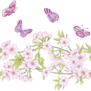 日本绽放樱花与蝴蝶的无缝模式。V