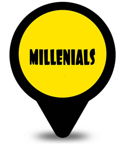 带有 Millenials 文本消息的黄色位置指针设计