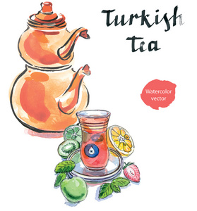 与土耳其水壶水彩土耳其茶