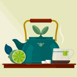 下午茶时间。卡与茶杯子 水壶和 Lemon.Isolated 的矢量对象。平的插图