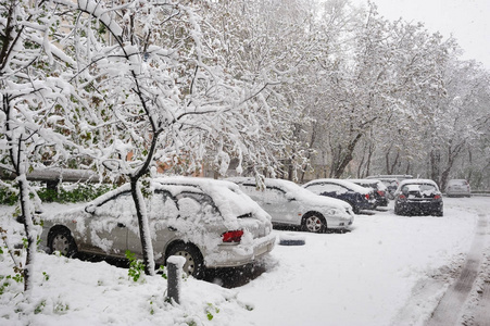 冬季停车场雪盖汽车