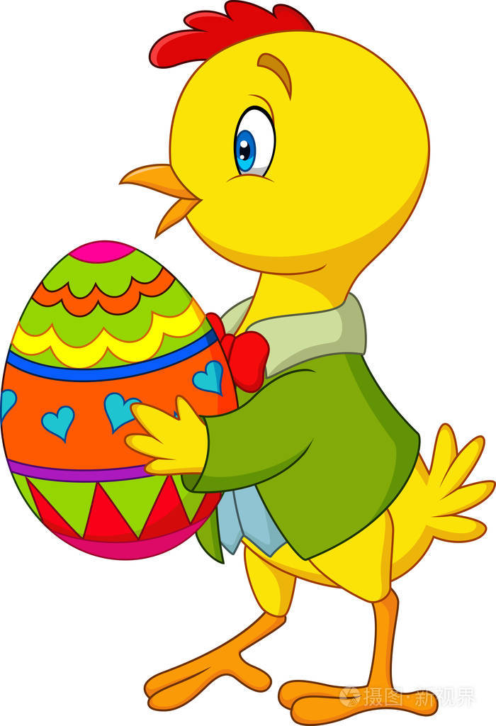 卡通小鸡抱着一个装饰复活节彩蛋