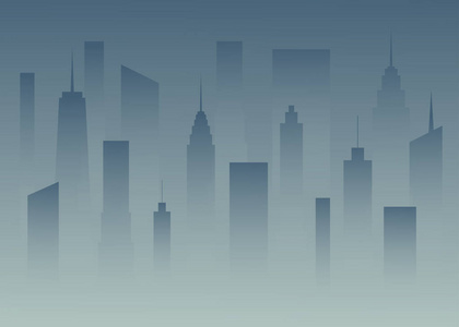 在黄昏的大城市剪影。大在雾中。城市的大厦在黑暗中。黄昏之城矢量插图