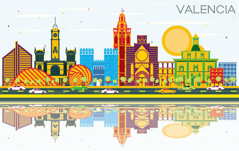 瓦伦西亚西班牙城市天际线与颜色大厦, 蓝天和 R