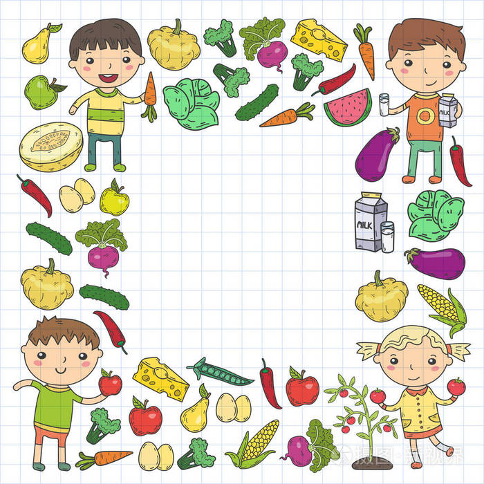 幼儿园托儿所的孩子们吃健康的食物男孩和女孩的水果和蔬菜