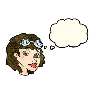 卡通幸福的女人戴着飞行员护目镜与思想泡泡