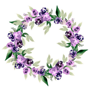 美丽的水彩花环与紫色的花朵
