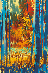 秋天的树林与蓝色的树在前景