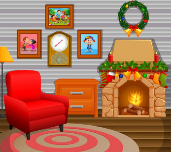 带树和壁炉的圣诞客厅