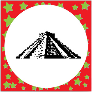 Kukulcan 鸡察的玛雅金字塔, 墨西哥黑色8位矢量插图, 在圆白色背景上与星隔离