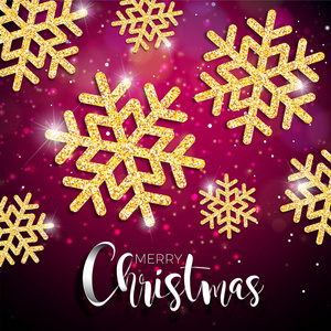 矢量圣诞节图和排版和闪亮的金雪花红色灯光背景上。矢量节日设计