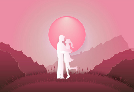 年轻的男人和女孩站在山上的情人节粉红色 backg