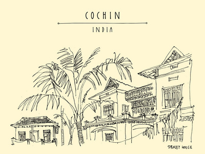 科钦 高知, 喀拉拉邦, 南印度。Straley 家遗产殖民地大厦。著名的历史地标。矢量手绘旅行明信片