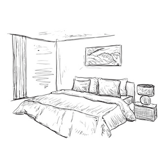 卧室涂鸦室内素描矢量无缝图案与粘贴橙色花饰在深蓝色背景手绘纹理的