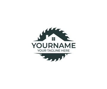 圆锯片切割木材和家庭标志模板.细木工矢量设计.施工图照片