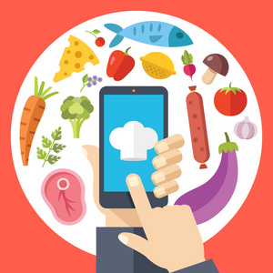 在智能手机屏幕上，食物成分组的厨师帽。手执手指触摸屏的智能手机。在线的食谱。现代平面设计矢量图