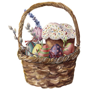 水彩复活节篮。手绘插图与彩色鸡蛋, 复活节蛋糕, 薰衣草, 郁金香, 和树枝分离在白色的背景。设计假日打印