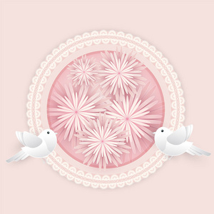 在粉红色的纸艺术背景的圆形框架鸟和花卉, pa