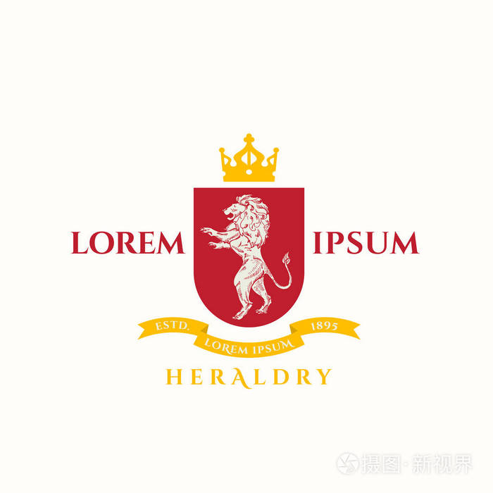 狮子 sillhouette 与盾牌, 旗帜, 皇冠和优雅复古排版.