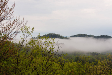 在田纳西州的大烟雾缭绕的清晨多云的小屋的雾视图