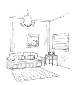 现代室内空间素描。手绘家具