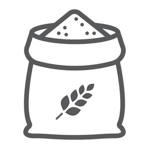 袋小麦线图标, 农业和农业, 谷物袋符号矢量图形, 一个白色背景的线性