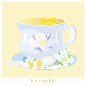 喝杯茶，茉莉花在黄色背景上。矢量 illustrati