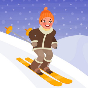 男孩正在山上滑雪。冬季运动和户外活动。矢量插图