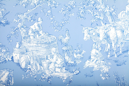 古色古香的蓝色和白色法国巴洛克式的花纹壁纸描绘了