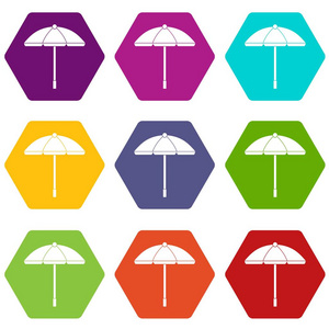 太阳伞图标套装彩色六面体