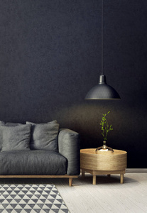 现代客厅有灰色的沙发和灯。斯堪的纳维亚室内设计家具。3d 渲染插图