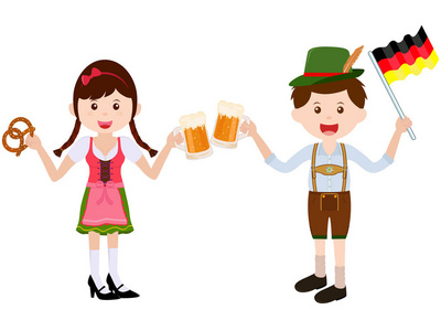 皮裙女孩可爱的卡通女孩穿着德国裙礼服, 男孩与皮革短裤照片