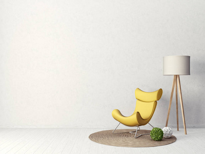 现代客厅的黄色扶手椅和灯。斯堪的纳维亚室内设计家具。3d 渲染插图